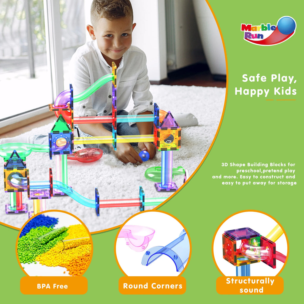 Picassotiles Marble Run Magnetic Tiles for Kids – 200PCS STEM Educational Construction Building Blocks Race Track Toy Set