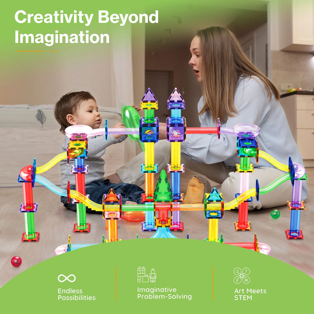 Picassotiles Marble Run Magnetic Tiles for Kids – 200PCS STEM Educational Construction Building Blocks Race Track Toy Set