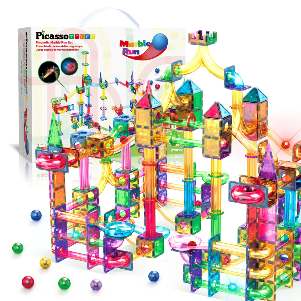 Picassotiles Marble Run Magnetic Tiles for Kids – 200PCS STEM Educational Construction Building Blocks Race Track Toy Set