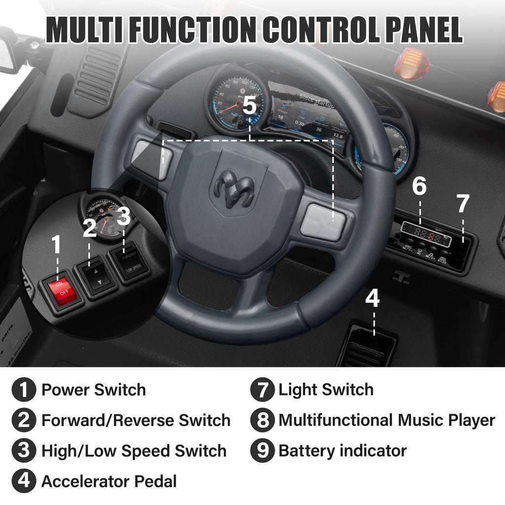 Dodge RAM 2500 Ride on Car for Kids, 12V Powered Ride on Toy with Remote Control, Rear Wheel Suspension, 5 Point Safety Harness, Bluetooth, LED Lights, Electric Vehicles for 3-6 Year Boys, Black