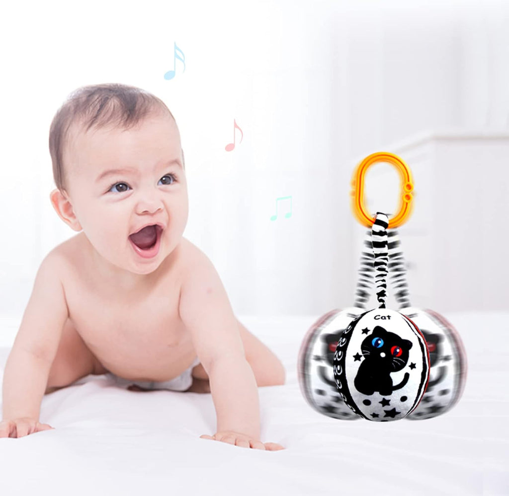 Baby Hanging Rattle Toys, 4 Pack Black and White Car Seat Baby Toys Soft Squeaky Stroller Toy for Babies Montessori Sensory Toy 0-12 Months for Newborn Infant, White and Black