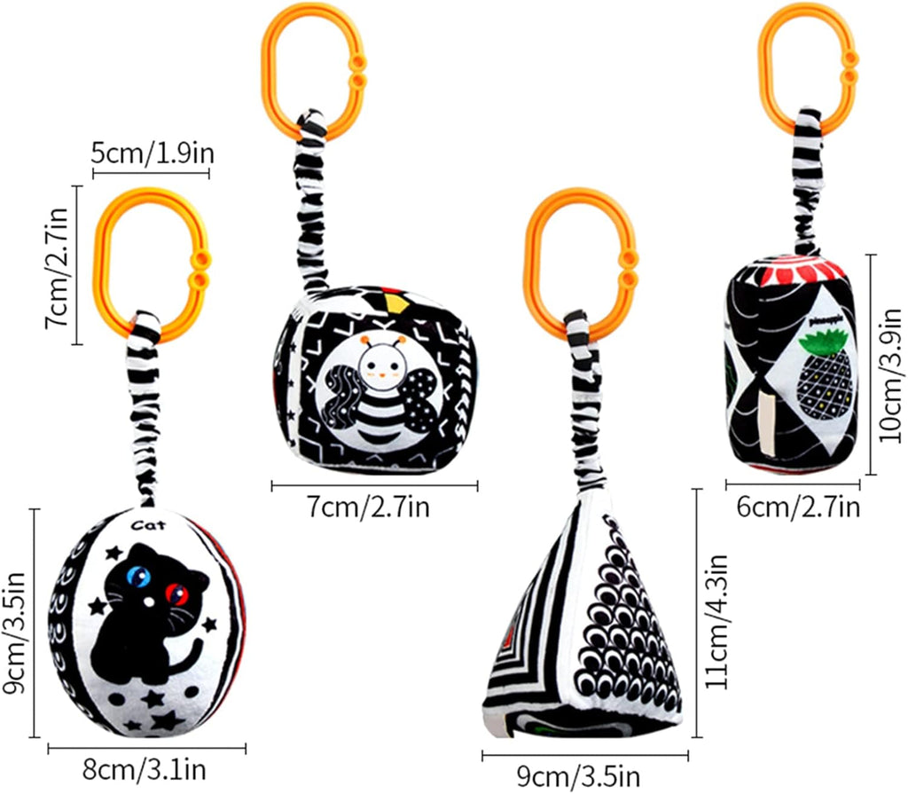 Baby Hanging Rattle Toys, 4 Pack Black and White Car Seat Baby Toys Soft Squeaky Stroller Toy for Babies Montessori Sensory Toy 0-12 Months for Newborn Infant, White and Black