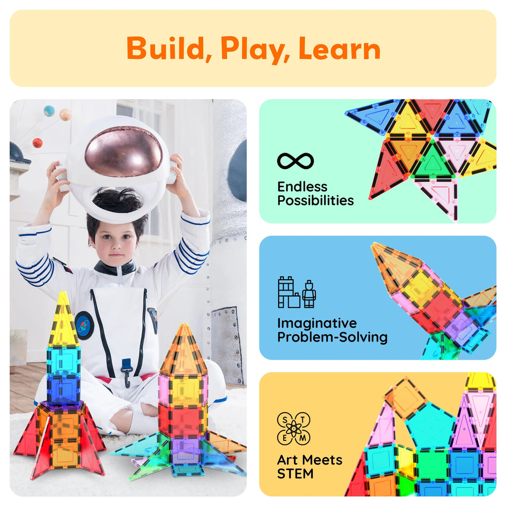 Picassotiles Rocket Booster Magnetic Tiles Set – Building Blocks STEM Construction Toy for Kids