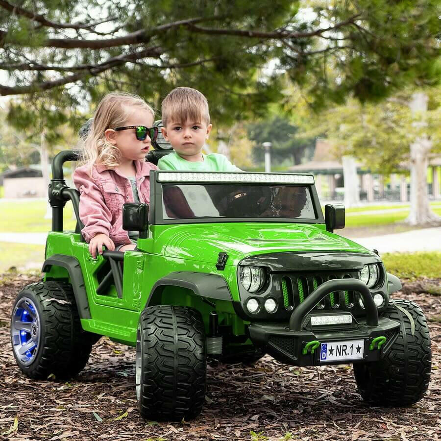 12V Jeep Ride On Truck Leather Seats Bluetooth MP3 LED Wheels
