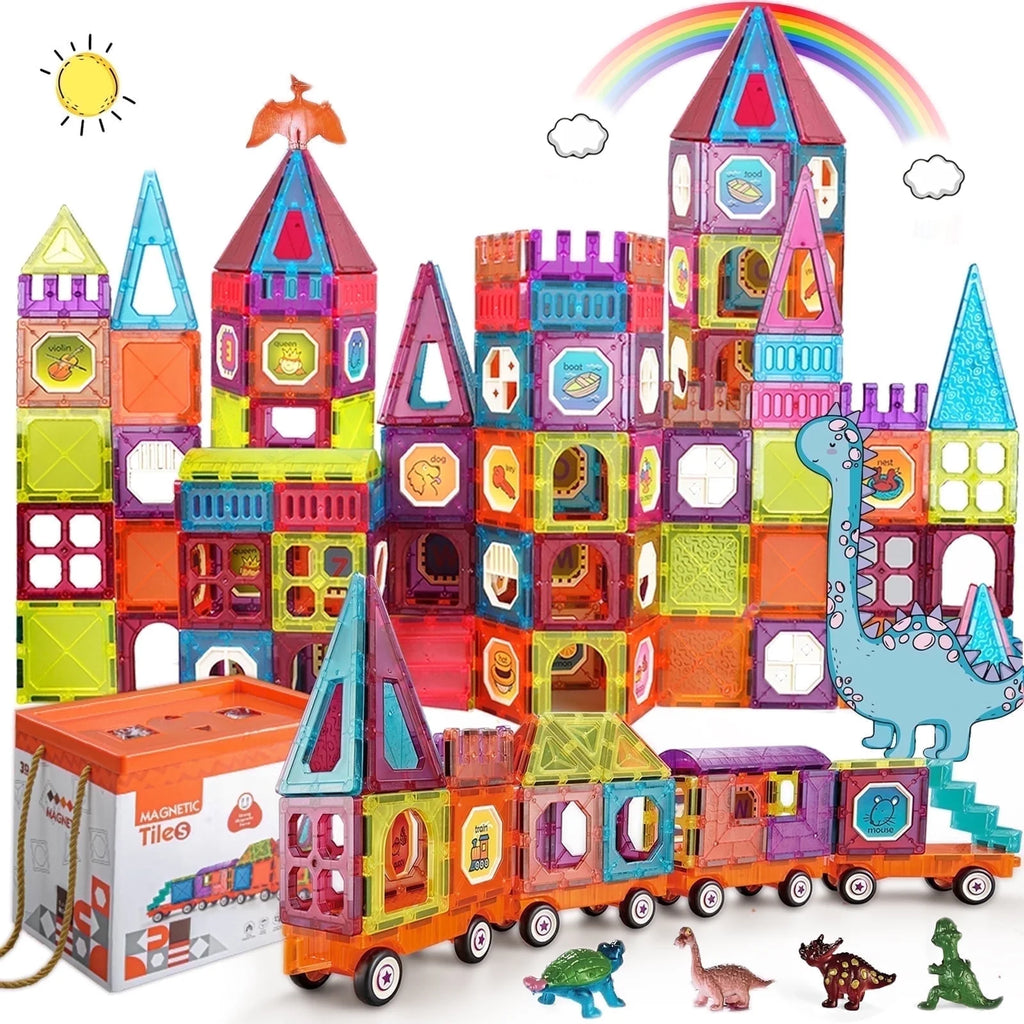Magnetic Tiles Building Blocks with 4 Cars Magnet Train Set for Kids Construction Stem Toy for Girls Boys Toddlers
