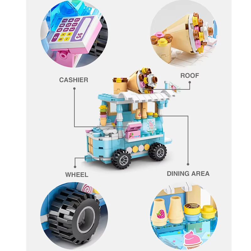 DIY Architecture Ice Cream Car Store Street View Food Building Blocks Kit Girls Bricks Classic Movie Model Toys