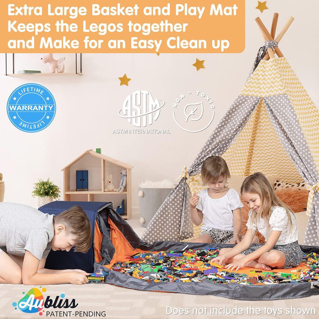 Toy Storage Basket and Play Mat - Extra Large - 13.5'' Cubic Toy Quick Storage Bag with Zipper Lid and Inner Structure, Premium Oxford Toy Storage Organizer for Kids