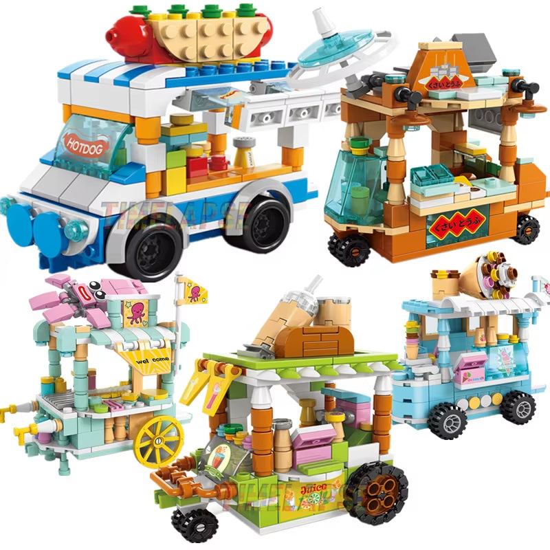 DIY Architecture Ice Cream Car Store Street View Food Building Blocks Kit Girls Bricks Classic Movie Model Toys