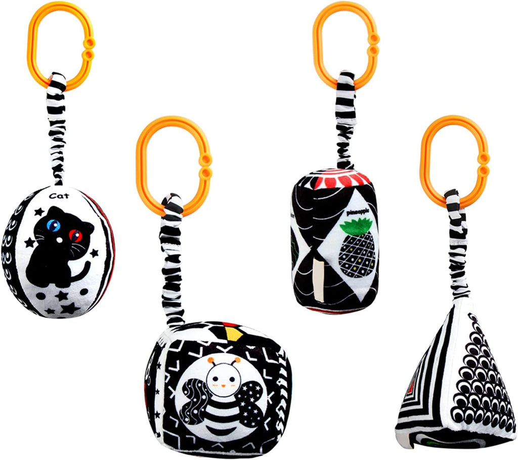 Baby Hanging Rattle Toys, 4 Pack Black and White Car Seat Baby Toys Soft Squeaky Stroller Toy for Babies Montessori Sensory Toy 0-12 Months for Newborn Infant, White and Black