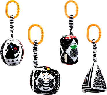 Baby Hanging Rattle Toys, 4 Pack Black and White Car Seat Baby Toys Soft Squeaky Stroller Toy for Babies Montessori Sensory Toy 0-12 Months for Newborn Infant, White and Black