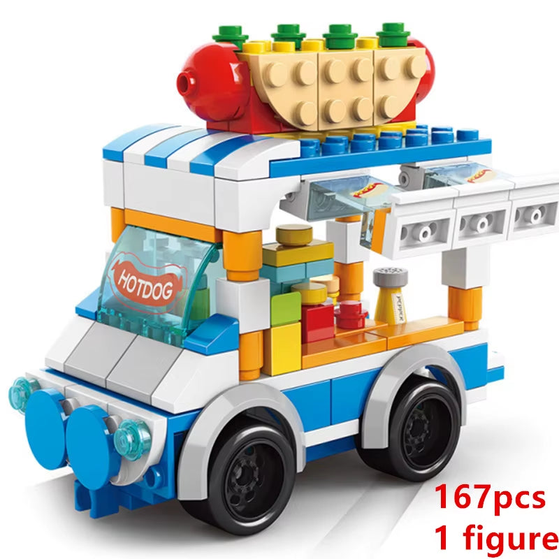DIY Architecture Ice Cream Car Store Street View Food Building Blocks Kit Girls Bricks Classic Movie Model Toys