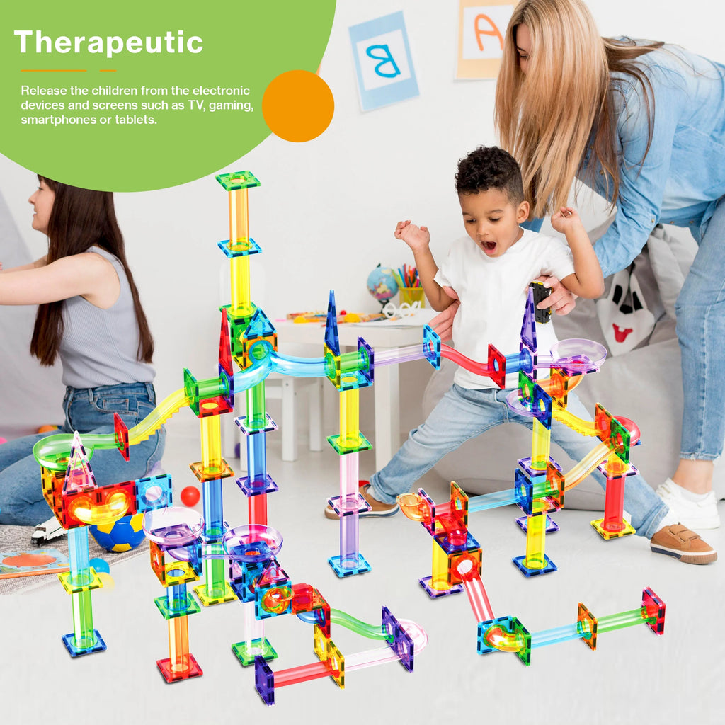 Picassotiles Marble Run Magnetic Tiles for Kids – 200PCS STEM Educational Construction Building Blocks Race Track Toy Set