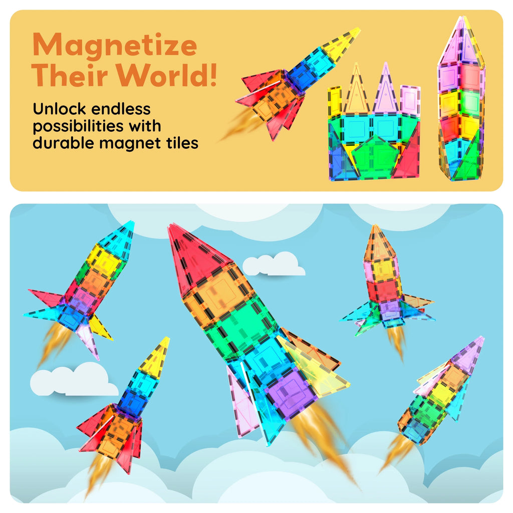 Picassotiles Rocket Booster Magnetic Tiles Set – Building Blocks STEM Construction Toy for Kids